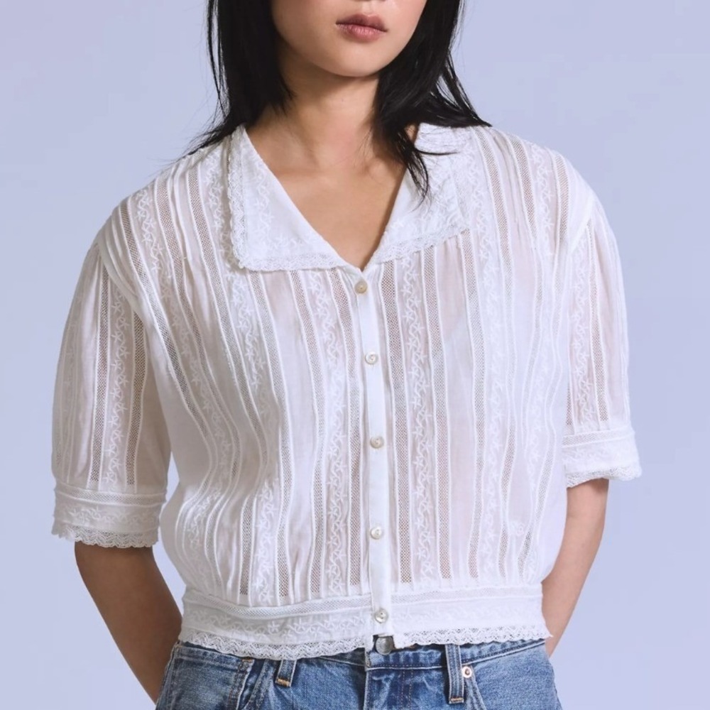 Levi Strauss LS&Co Bandit Embroidered Lace Crop Top Women Medium White Cotton